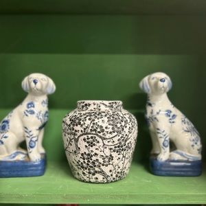 White Glazed Crackle Vase Black Applied Prunus Blossoms over Terracotta